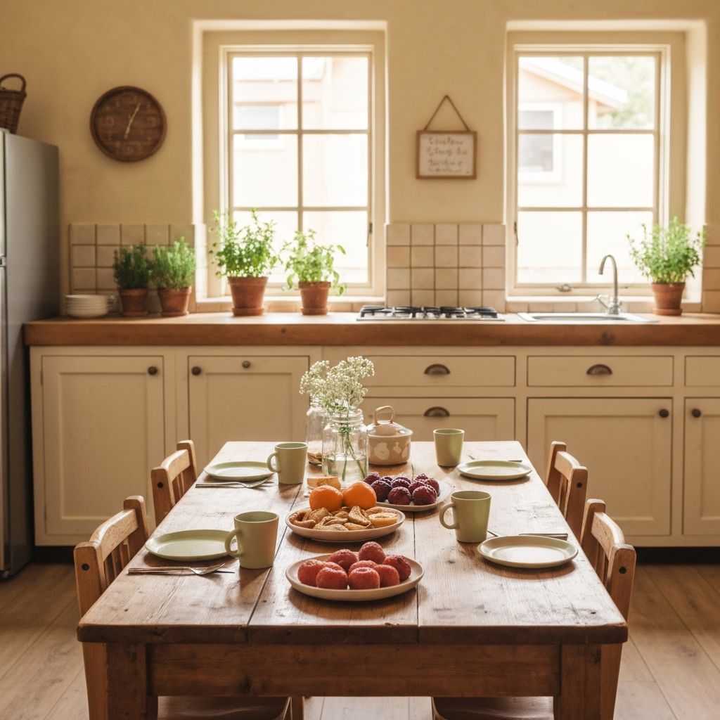 Warm farmhouse dining area prepared for children